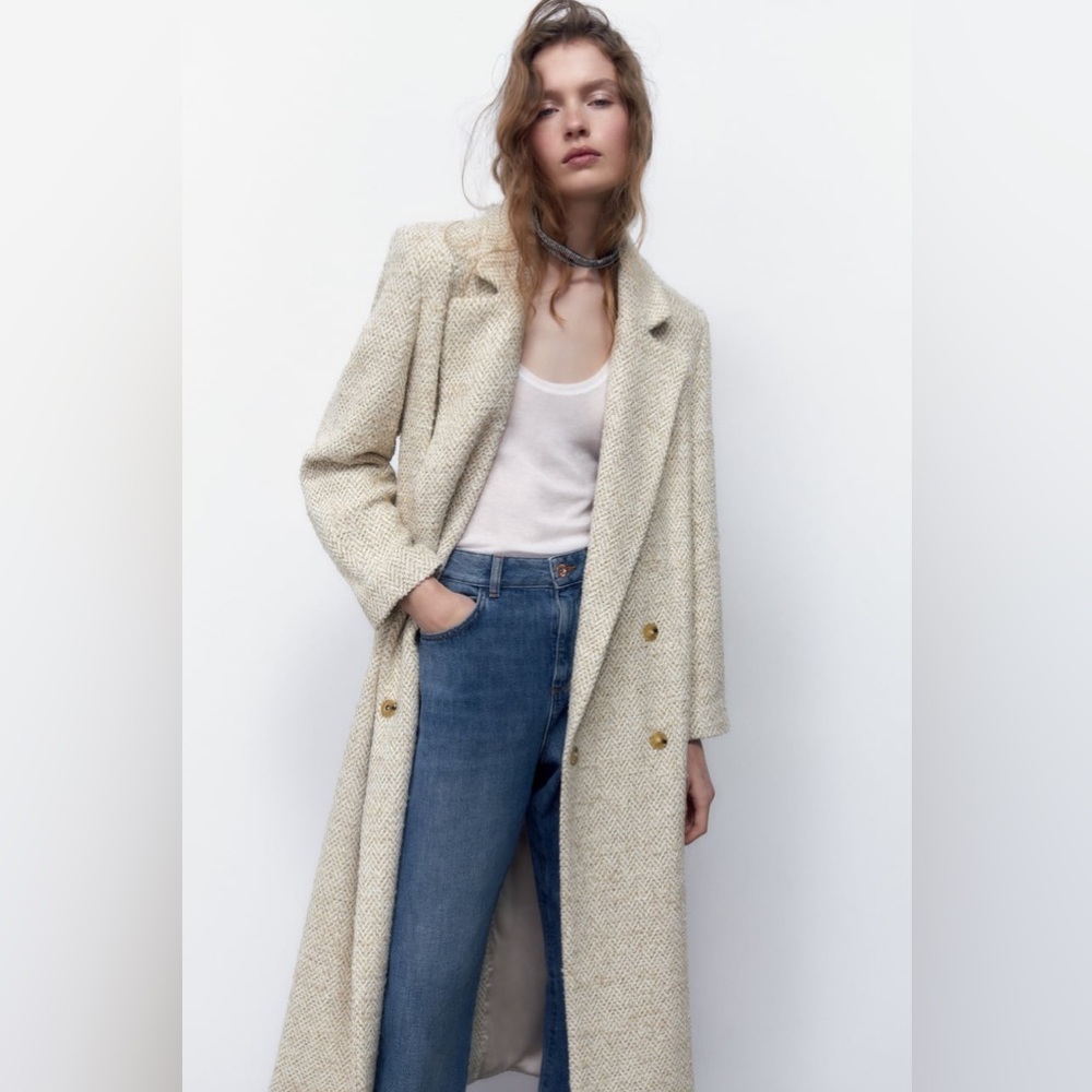 ZARA MAXI HERRINGBONE LONG COAT sz XS $169.00 - Picture 6 of 10